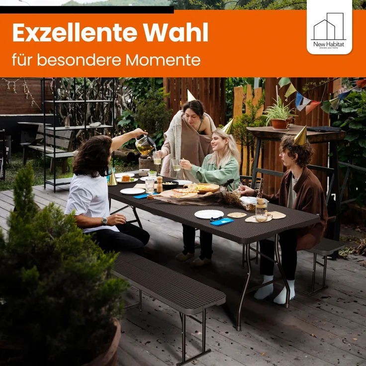 NewHabitat Bierzeltgarnitur 3-tlg., klappbar & wasserabweisend, Polyrattan, 1 Tisch & 2 Bänke – Bild 3