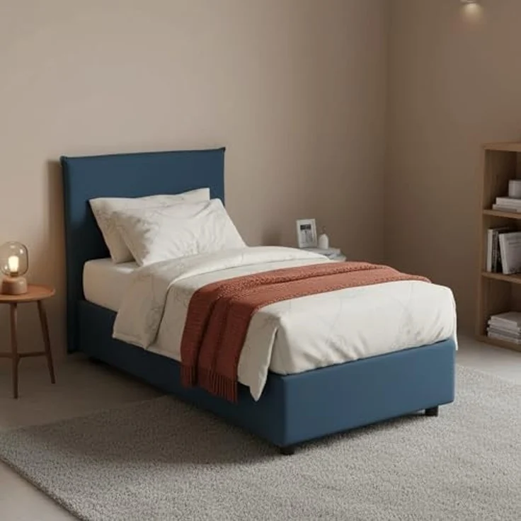 Talamo Italia - Einzelbett Cira, Bettkasten mit Stoffbezug, 100 % Made in Italy, Öffnung vorne, geeignet für Matratzen 90x200 cm, Blau – Bild 1
