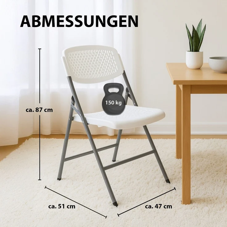 2x Klappstuhl 150 kg ergonomische Sitzform Gartenstuhl wetterfest Campingstuhl Balkonstuhl in weiß – Bild 3