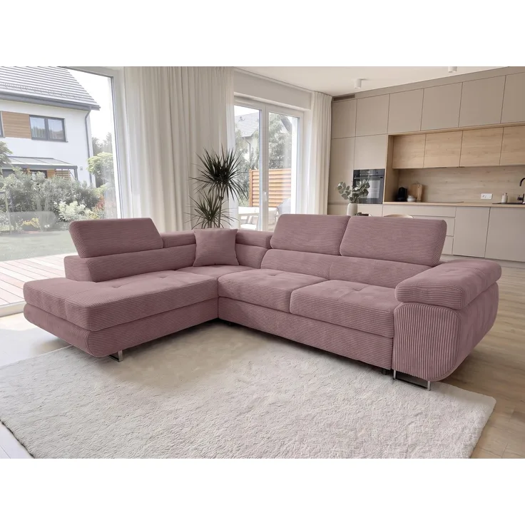 AX LIVING Konak Cord-Schlafsofa L Rosa 276 cm breit mit Bettkasten, Kopfstützen