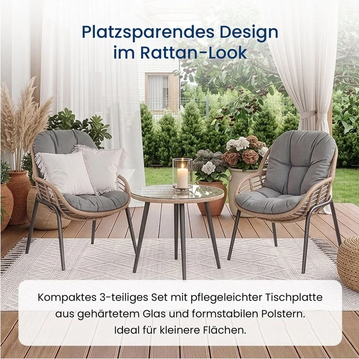 Home Collective Gartenlounge-Set Balkonmöbel Lounge Möbel Outdoor Sitzgruppe mit Beistelltisch, (3-teiliges Set mit 2 Stühlen und 1 Beistelltisch Ø 56 cm, inkl. abziehbarer Kissen) – Bild 4