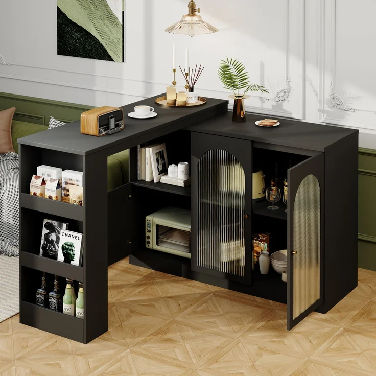 ZUBALIYA Drehbarer Bartisch 120 x 40 cm, mit Stauraum, mit Glastüren, MDF, Schwarz – Bild 12