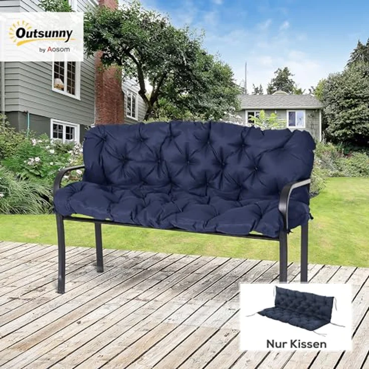 Outsunny Bankauflage 3 Sitzer, 150 x 98 x 8 cm, mit Bändern, Outdoor/Indoor, (Set, 1 St, 1 Sitzkissen), für Gartenmöbel, Fensterbank Sitzbank, Hollywoodschaukel, Blau – Bild 3