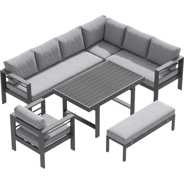 MeXo Gartenlounge-Set XXL Outdoor Lounge Set mit Esstisch, (wetterfeste modulare Ecklounge aus Aluminium, 6-tlg, Gartenmöbel Set für 6-9 Personen), 12cm Deluxe Relax-Sitzkissen, 8 cm breite Armlehne – Bild 2