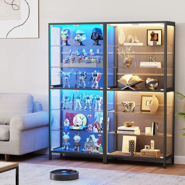 Glasvitrine 75x35x181 cm, 6-stöckige Vitrine mit LED-Beleuchtung, verstellbaren Glasböden und Sensor, Schwarz – Bild 3