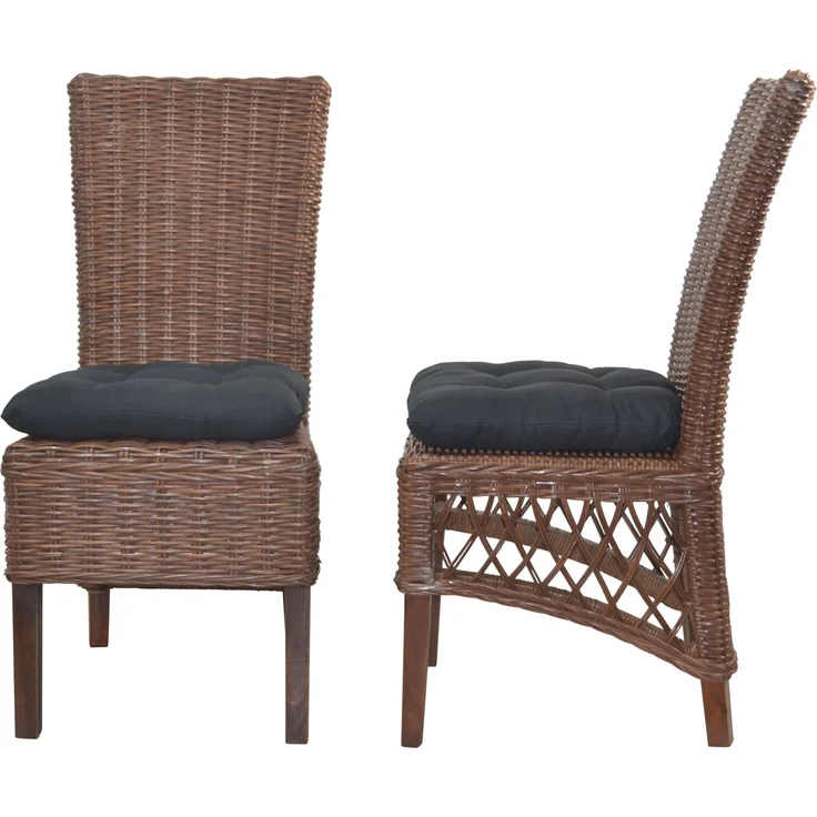 Rattanstühle/Esszimmerstühle 2er-Set, handgeflochten, braun, inkl. Kissen schwarz – Bild 3