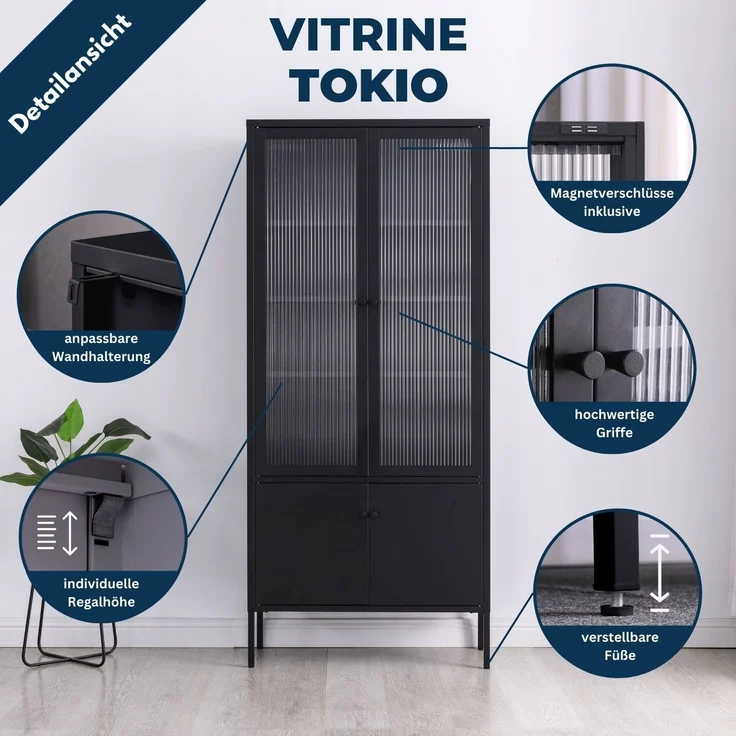 Coemo Vitrine Tokio aus Metall mit Glastüren Schwarz – Bild 3