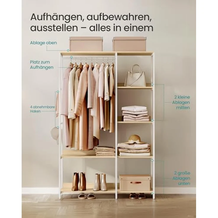 SONGMICS Kleiderschrank offen, Kleiderständer, Garderobenständer, Garderobe mit Kleiderstange, Ablagen, abnehmbare Haken, 40 x 98 x 181 cm, naturbeige-mattweiß RGR024W01 – Bild 3