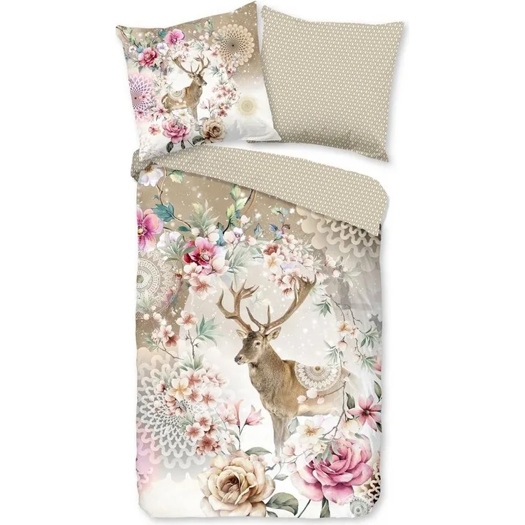 Traumschloss Bettwäsche Comfort Baumwolle, Flanell, 2 teilig, winterlicher Hirsch mit Mandalas und Blumen