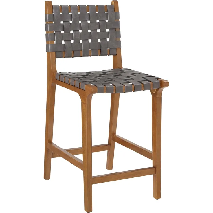 Ball & Cast Gewebter Tresen Barhocker mit Rückenlehne, Holz Küchenhocker mit PU-Ledersitz, Barhocker Stuhl mit Fußstütze für Esszimmer, dunkelgrau