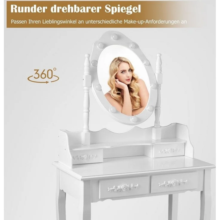 COSTWAY Schminktisch mit Hocker, 360° drehbarem Spiegel und 10 dimmbaren LED-Birnen, Frisiertisch aus Tisch und Abnehmbarer Oberteil, Kosmetiktisch mit 4 Schubladen, 75 x 40 x 146 cm (Weiß) – Bild 3