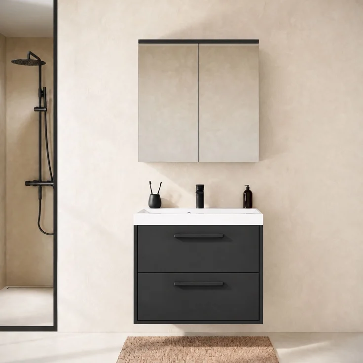 Badmöbel Komplettset Florence 60 x 35 cm Schwarz Matt - Badezimmermöbel mit Waschbecken und Spiegelschrank – Bild 6