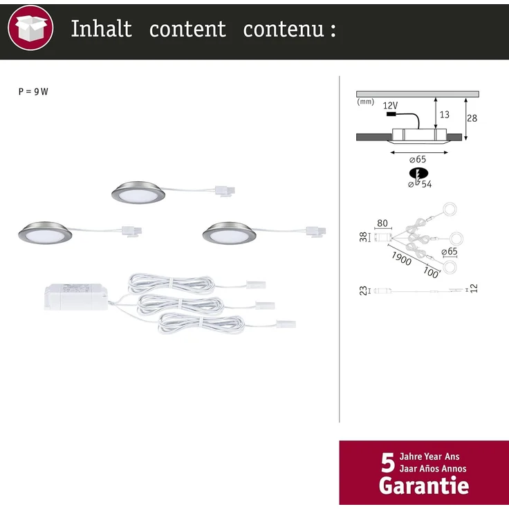 Paulmann 93121 LED Möbeleinbauleuchten 3er Set 4000K Eisen – Bild 2