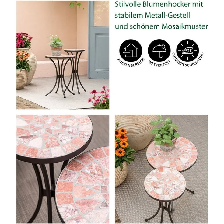 Dehner Blumenständer Mosaik Blumenhocker Chiara, versch. Größen, terra-rosé, romantischer Beistelltisch mit pulverbeschichtetem Metallgestell