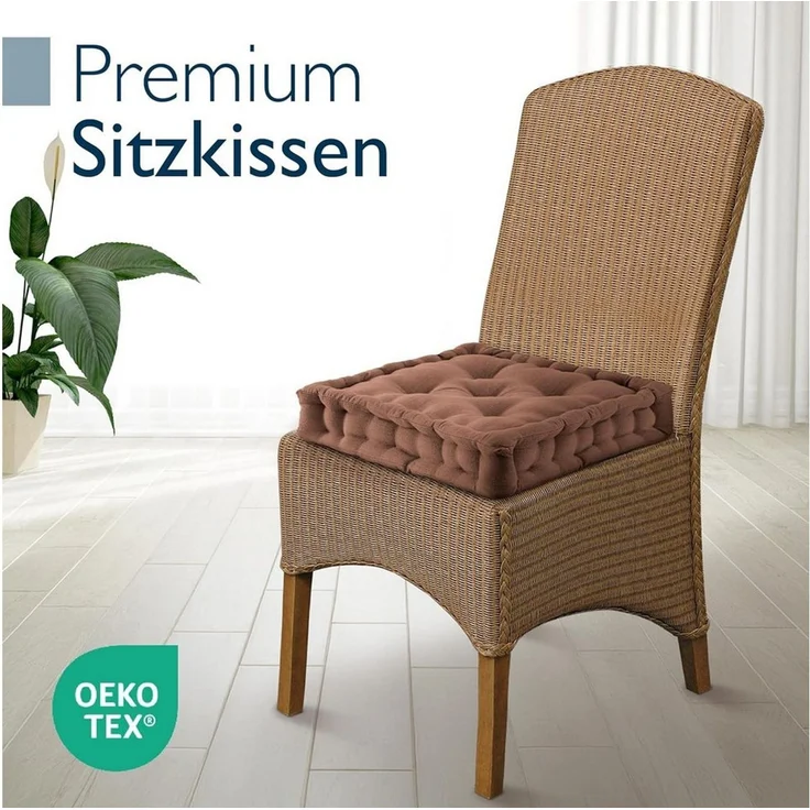 Beautissu Stuhlkissen Bodenkissen Sitzkissen Mila, 50x50cm, Braun, Matratzenkissen 10cm, 100% Baumwolle Stuhlkissen Indoor & Outdoor – Bild 3
