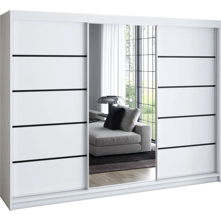 A&J MöbelLand 'Viluno' Schwebetürenschrank mit 4 Schubladen und Spiegel, Spanplatte, 215 x 59,5 x 200 cm, Weiß / Weiß / Weiß / Schwarz