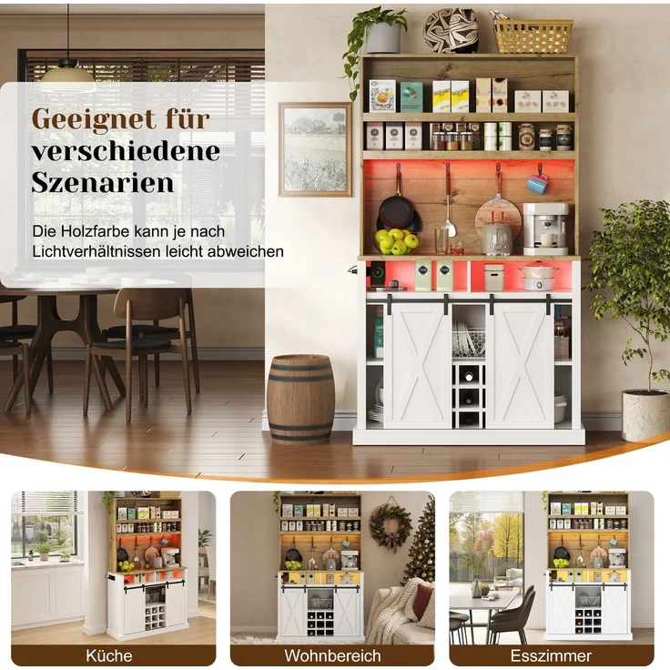191 cm Küchenschrank, Hochschrank mit LED, Küchenregal mit Steckdose, Haken, Weinregal und Vitrine für Küche & Esszimmer--Natur + Weiß--110x40x191cm--YOUDENOVA – Bild 7