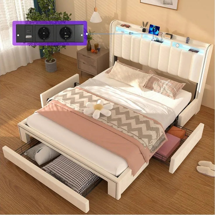 oyajia Polsterbett LED-Beleuchtung Doppelbett 140x200 cm mit Ladefunktion und 3 Schubladen (Mit Lattenrost und Ladefunktion, Samt materia Polsterbett), Funktionsbett Stauraumbetten Jugendbett Bettgestell Leises Design Bett