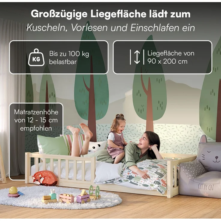 Bellabino 'Vere' Bodenbett 90x200 cm, natur, Massivholz Kiefer, Montessori Kinderbett mit Rausfallschutz und Lattenrost – Bild 6