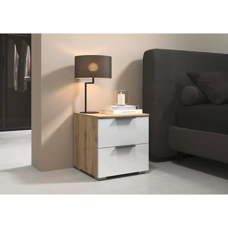 Rauch Möbel Alabama, Nachttisch-Paar für Schlafzimmer, Kinderzimmer, mit je 2 Schubladen, Soft-Close-Funktion, Farbe Hochglanz Weiß/Eiche Artisan, Holz, Griff Grau metallic, Maße 40 x 42 x 42 cm – Bild 3