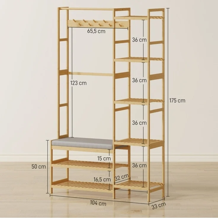 Garderobenständer 104 x 33 x 175 cm aus Bambus mit Schuhregal, Sitzbank und 10 Haken – Bild 2