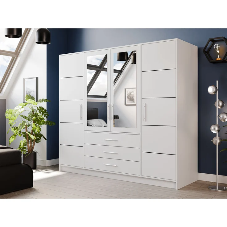 Mirjan24 'Bado 4D' Kleiderschrank mit Schubladen und Spiegel, Laminatplatte Weiß, 200 x 58 x 196 cm – Bild 2