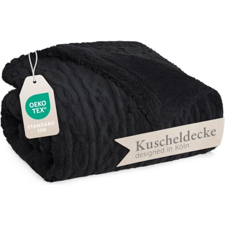 Blumtal Wohndecke, Oeko-TEX zertifiziert, waschbar, weiche Sherpa-Innenseite, Schwarz, 130x150 cm – Bild 2