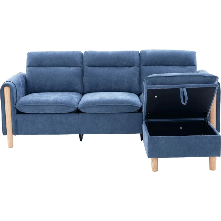 DESVIAE Sofa L-Form mit Stauraumhocker und Seitentaschen 201x77x86 cm Chenille Blau – Bild 7