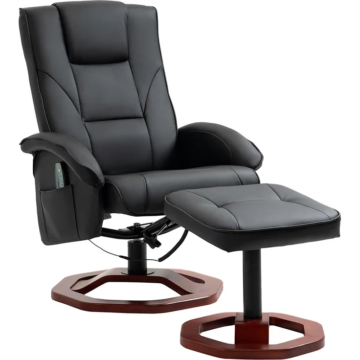 HOMCOM Massagesessel Relaxsessel mit Fußhocker Relaxliege Liegefunktion Fernsehsessel mit Massagefunktion 360° drehbar Liegesessel Stahl Kunstleder Schwarz+Braun 73 x 83 x 106 cm