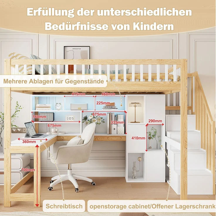 CHICFURN Hochbett Kiefernholz Weiß/Natur 140x200 cm mit LED-Beleuchtung, Ablageleiter und Schreibtisch – Bild 4