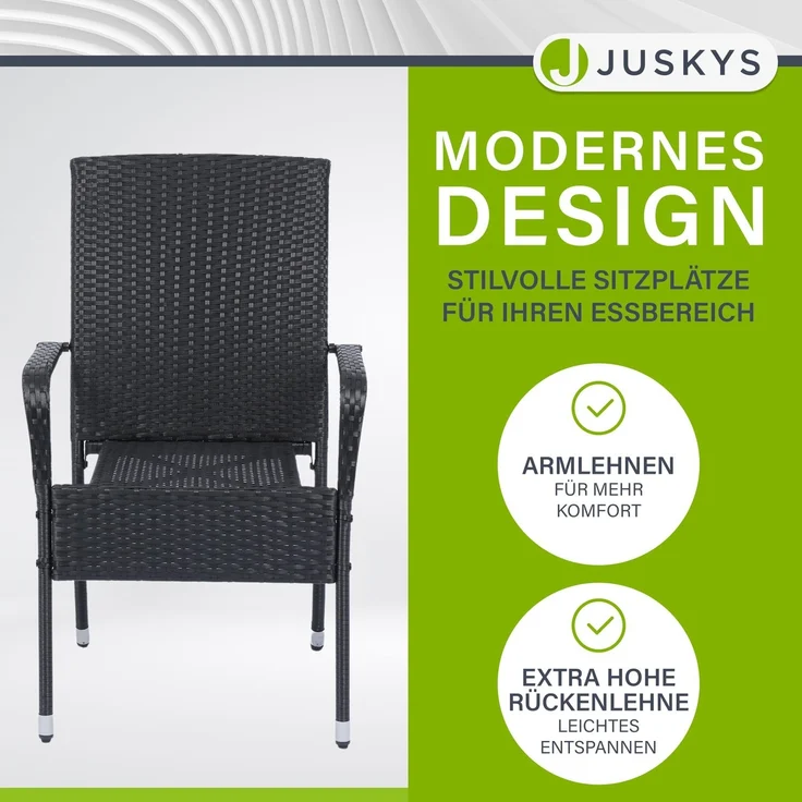 Juskys Polyrattan Gartenstühle Yoro 4er Set - mit Armlehnen & Rückenlehne - 4 Stühle stapelbar - Rattan Stuhl Garten - Stapelstuhl Schwarz – Bild 3