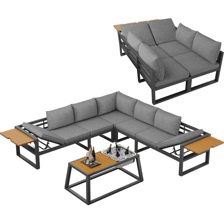 Merax Gartenmöbel-Set, Garten-Lounge-Set für 7 Personen, Outdoor-Sofa-Set mit verstellbarer Rückenlehne, ausklappbaren Armlehnen und Metall-Eisbehälter, Grau – Bild 10