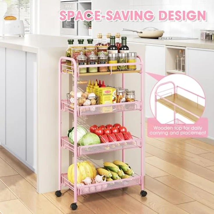 KINGRACK 4-Stufen Schmaler Küchenwagen mit Rollen Mit Holzplatte & Schiebe-Körben, Rollwagen Metall Für Enge Räume In Küche, Badezimmer, Wohnheim & Schlafzimmer, Rosa – Bild 6