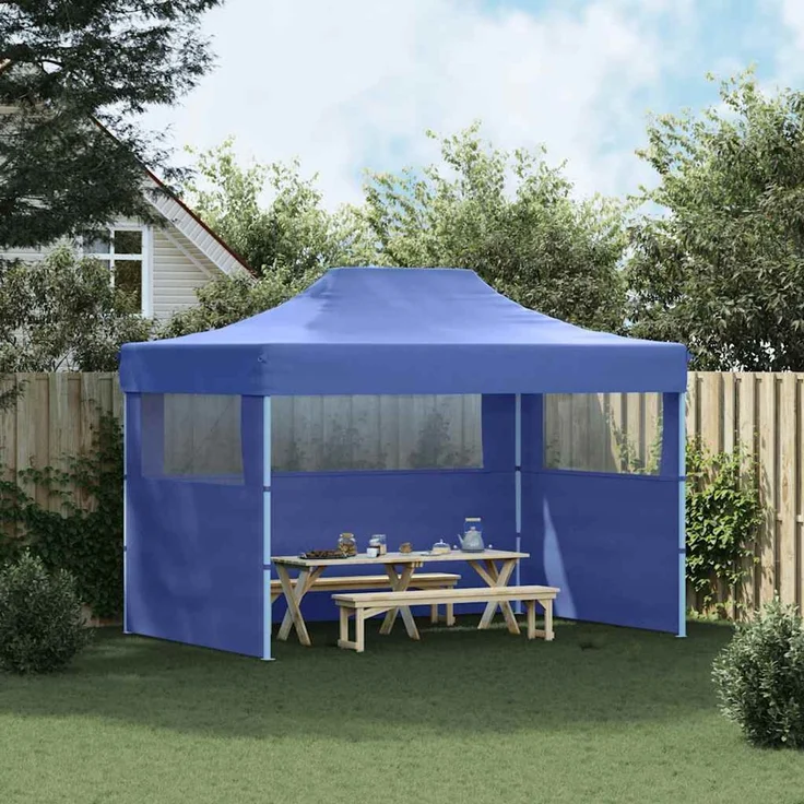 Profi-Partyzelt Faltbar, Gartenzelt mit 3 Seitenwänden 3x4m Stahl Blau – Bild 3