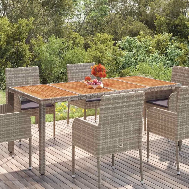 Gartentisch, Balkontisch mit Holzplatte Grau 190 x 90 x 75 cm Poly Rattan