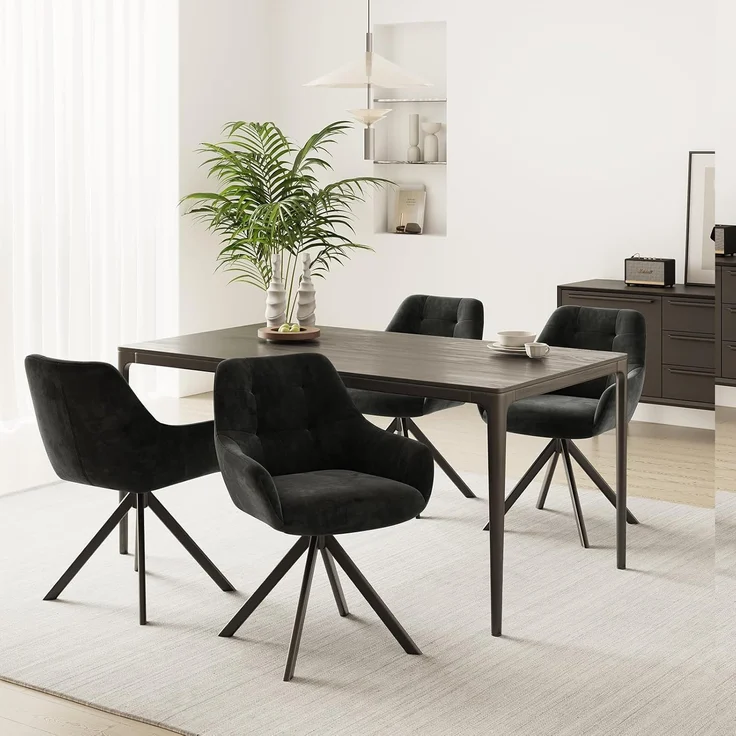 COLAMY Drehbare Esszimmerstühle 4er Set, Esszimmerstühle Drehbar mit Armlehne, Armlehnstuhl Drehbar mit Rückenlehne für Esszimmer, Stühle aus Weichem Florstoff mit Metallgestell für Küche, Schwarz – Bild 2