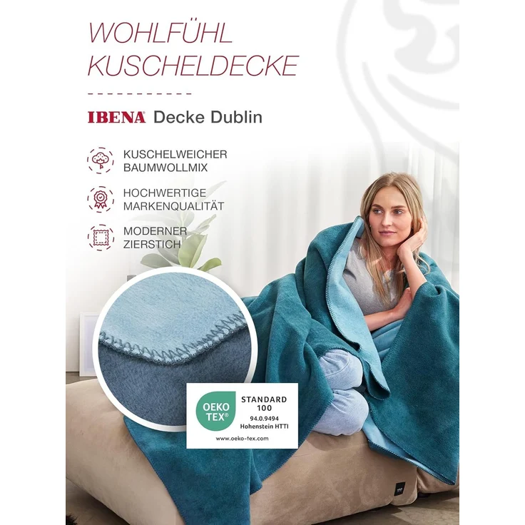 Ibena 'Dublin' Wohndecke, Jacquard petrol / türkis, 150 x 200 cm – Bild 2