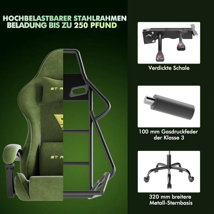 Ferghana Gaming-Stuhl Gaming-Stuhl: Kopfstütze, Lendenkissen, Armlehnen, Fußstütze (Packung), Ergonomischer PC-Stuhl,Rückenlehne 90°-125° – Bild 3