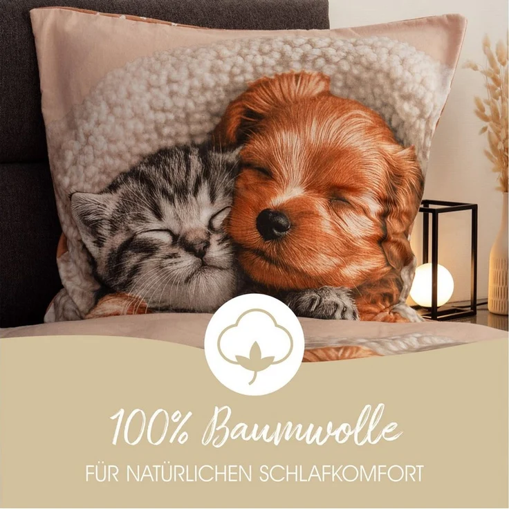 good morning Bettwäsche Comfort Baumwolle, Flanell, 2 teilig, Hund und Katze, sand, Wendebettwäsche – Bild 4
