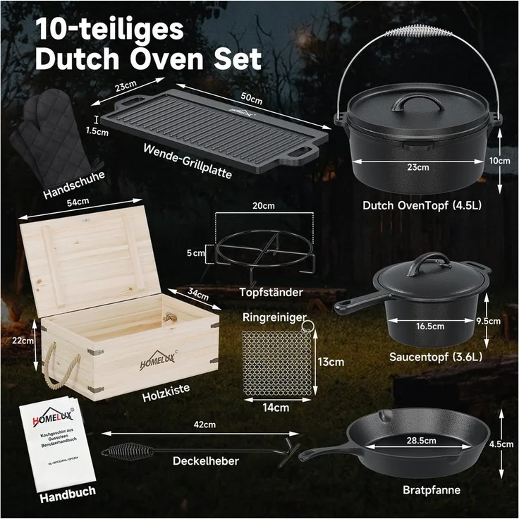 HOMELUX Topf-Set 10-tlg. Dutch Oven Set aus Gusseisen, hitzebeständig bis 280 °C, mit Holzkiste, Handschuhen und Zubehör