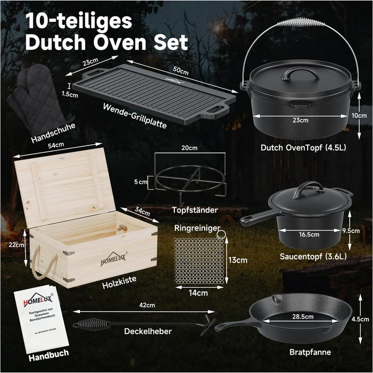 HOMELUX Topf-Set 10-tlg. Dutch Oven Set aus Gusseisen, hitzebeständig bis 280 °C, mit Holzkiste, Handschuhen und Zubehör