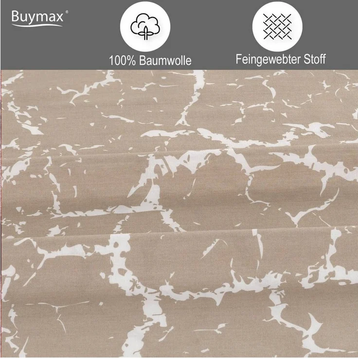 Buymax Bettwäsche, Renforce: 100% Baumwolle, 3 teilig, 200x200 cm, mit Reißverschluss, Muster Marmor, Beige, Weiß – Bild 3
