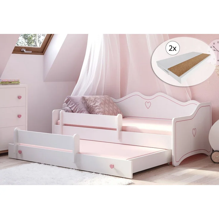 Kids Collective Kinderbett Mädchenbett 80x160 mit Ausziehbett & zwei Matratzen Kinderbett, Jugendbett Funktionsbett mit Rausfallschutz, Prinzessin weiß rosa – Bild 5