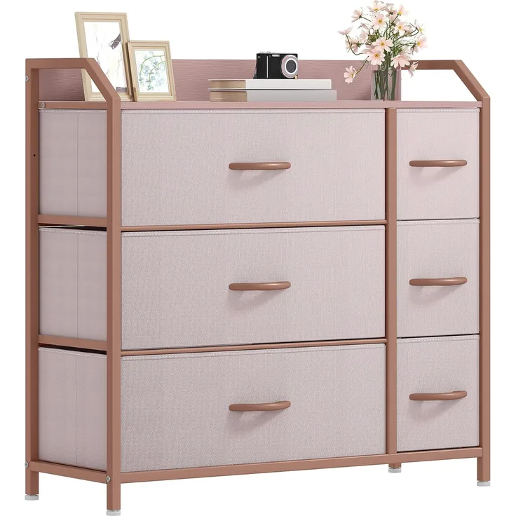 DWVO Kommode mit 6 Schubladen, langlebiger Stoff, Robustes Metallgestell, modern und funktional, ideal für Schlafzimmer, Wohnzimmer, Flur, Kinderzimmer, Rosa
