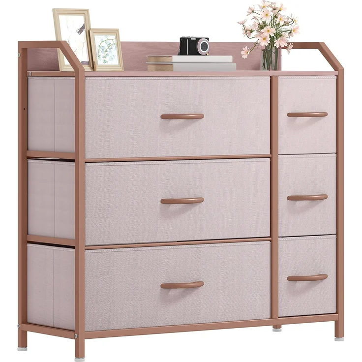 DWVO Kommode mit 6 Schubladen, langlebiger Stoff, Robustes Metallgestell, modern und funktional, ideal für Schlafzimmer, Wohnzimmer, Flur, Kinderzimmer, Rosa
