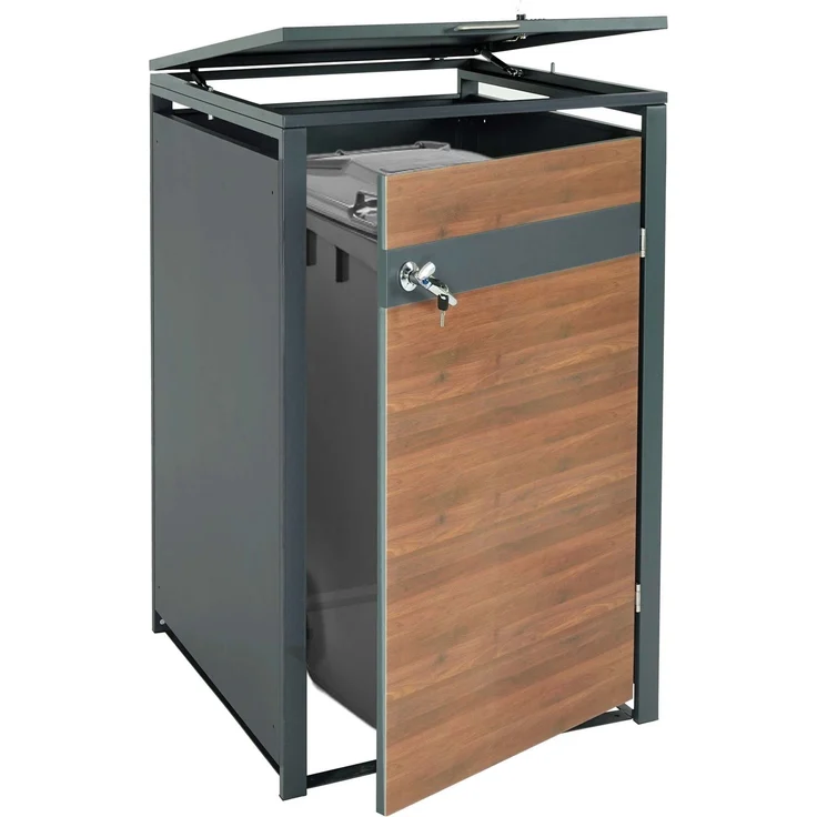 1er Mülltonnenverkleidung HWC-J82, Mülltonnenbox, erweiterbar, Metall 32kg, anthrazit ~ Kirsche-Holzoptik dunkelbraun – Bild 1