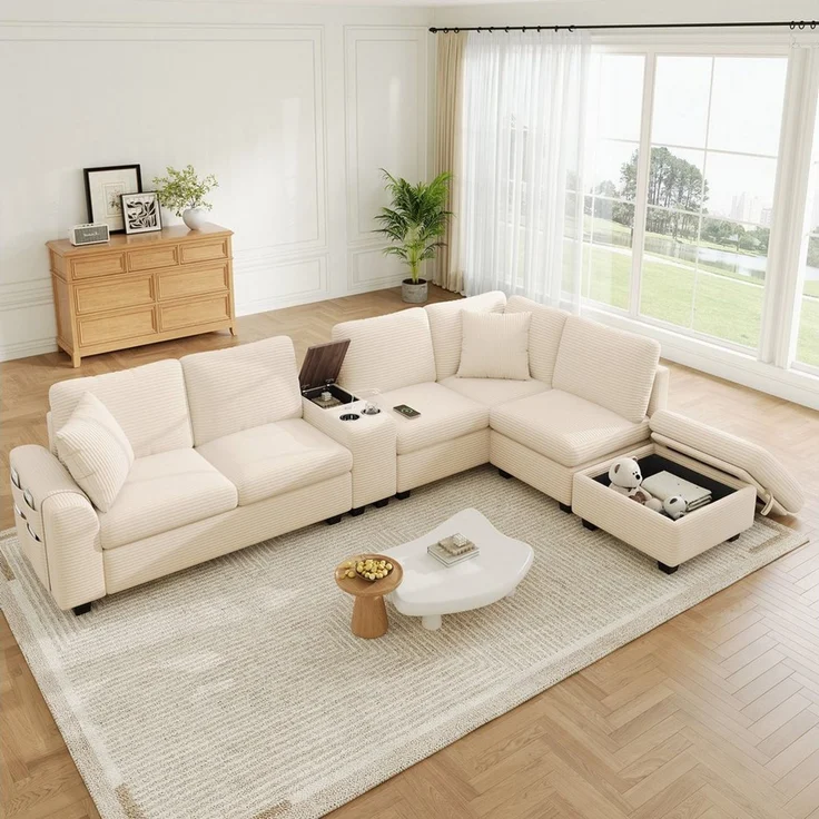 Merax Ecksofa mit USB & Type-C, L-/U-Form Sofa aus Cordstoff, Modulares Ecksofa 311 x 139 x 85 cm 1 Teile, 6-Sitzer-Sofa mit Ottomane, Mittelkonsole, Getränkehalter & Stauraum – Bild 4