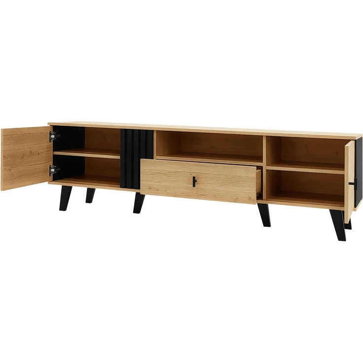 TV-Lowboard aus Spanplatte mit Glas, 2 Türen & Schublade, 170x40x50,5 cm, Natur/Schwarz – Bild 3