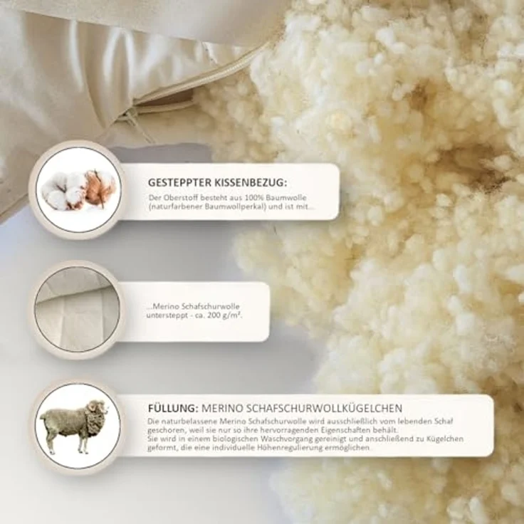 Meivita Naturhaarkissen Merino Schafschurwolle Kopfkissen, Füllung: 100% Wolle (Schurwollkügelchen), Bezug: Baumwolle, Rückenschläfer, Seitenschläfer, Bauchschläfer, Kissen Hergestellt in Deutschland – Bild 7