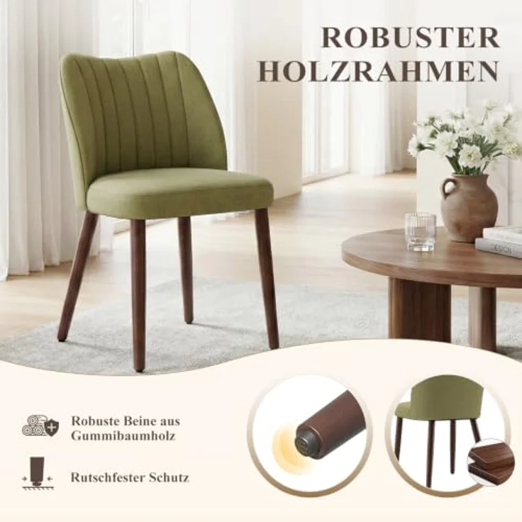 MALOL Esszimmerstühle 2er Set, Polsterstühl mit Rückenlehne, Ergonomisch Gepolsterte Küchenstühle mit vertikaler Rillenlehne, Moderne Esszimmer Stühle für Esstisch Wohnzimmer Café Restaurant, Grün – Bild 6